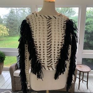 Obok Cream Knit Sweater with Black Leather Fringe